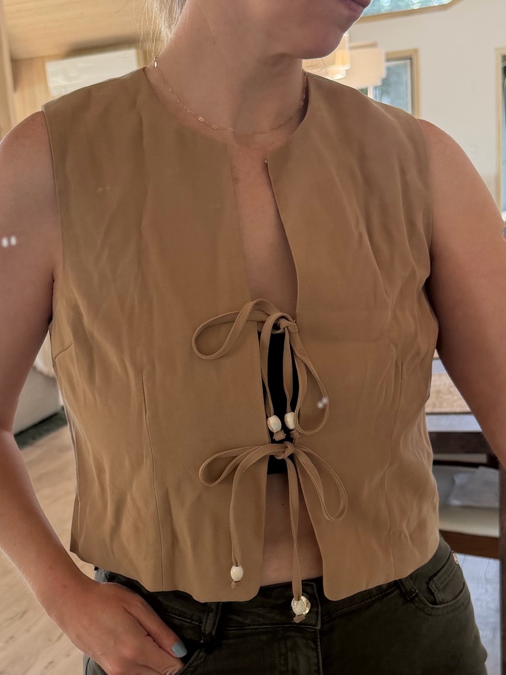 Tie-Front Crop Vest in Camel